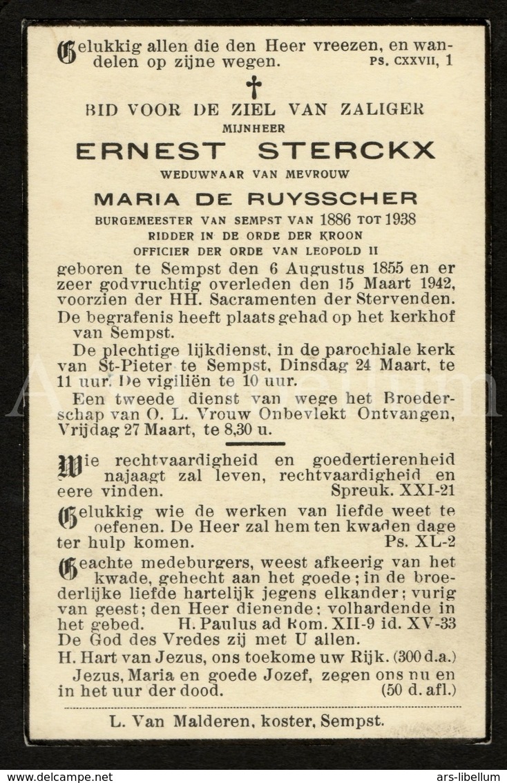 Doodsprentje / Bidprentje / Avis De Décès / Mortuaire / Burgemeester / Zemst / Ernest Sterckx / 1942 / 2 Scans - Décès