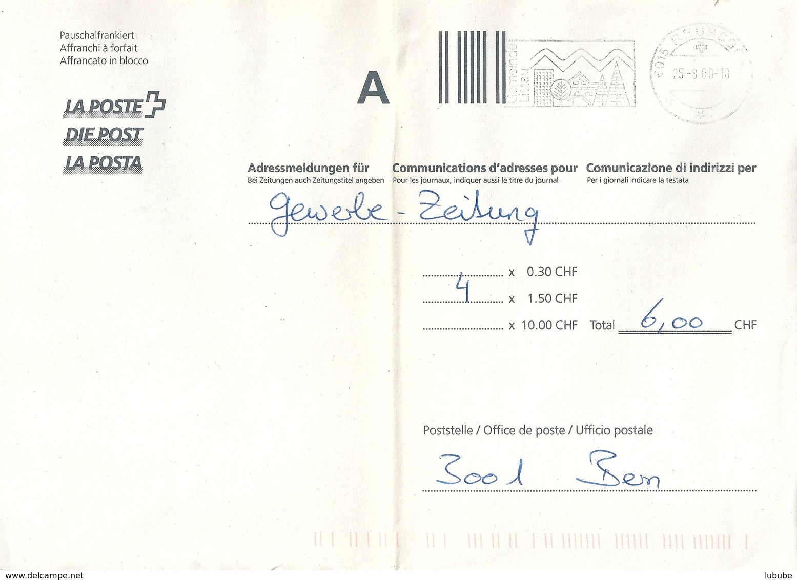 Postform 212.40  "Adressmeldungen Für ..."  Reussbühl - Bern         2000 - Lettres & Documents