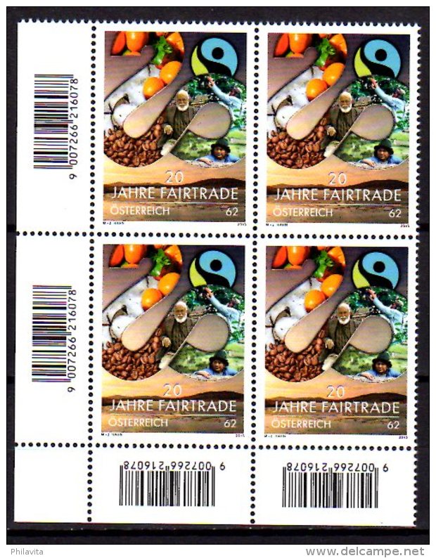 2013 Austria- Fair Trade 20 Years / 20 Jahre - Block Of 4 Of 1 V MNH** MiNr. 3081 Food Cacao, Cofe, Fruits, Agriculture - Nuovi