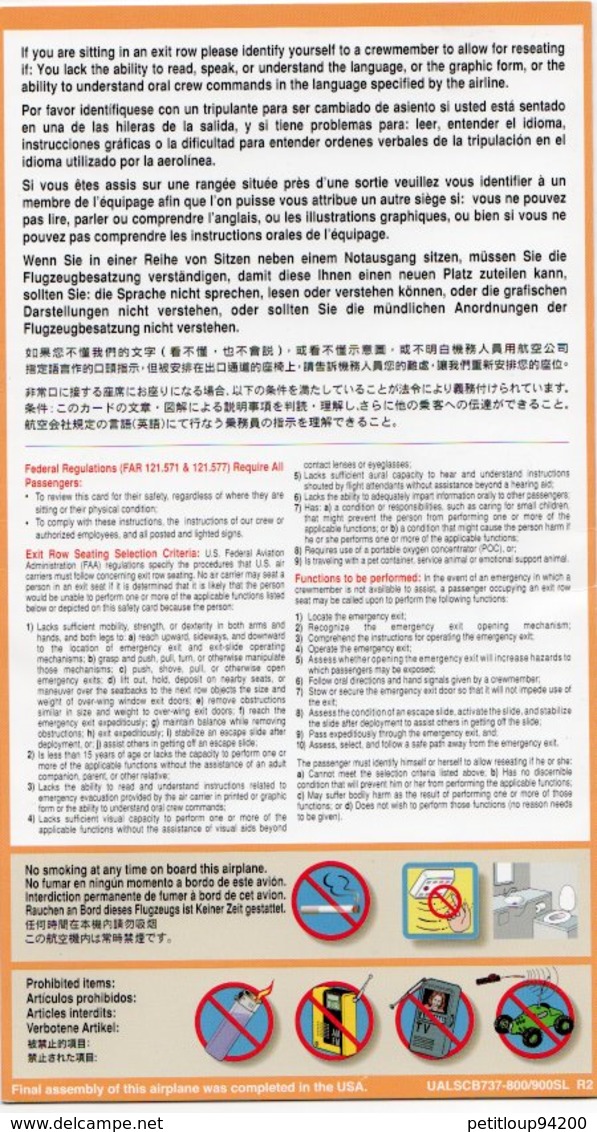 CONSIGNES DE SECURITE / SAFETY CARD  *B737-800/900  United - Veiligheidskaarten