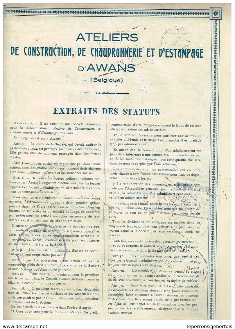 Ancienne Action -Sté Anonyme De Construction, De Chaudronnerie Et D' Estampage D'Awans - Titre De 1928 - N°09681 - Industrie