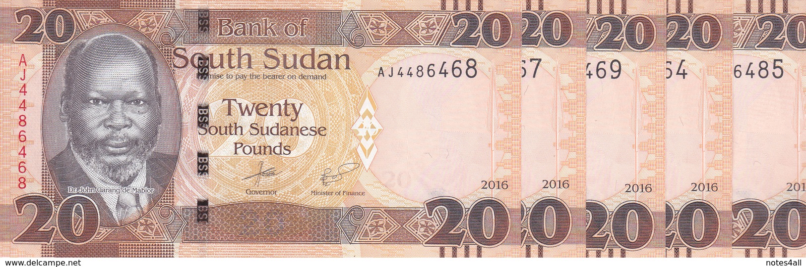 SOUTH SUDAN 20 POUND 2016 P-NEW LOT X5 UNC NOTES */* - Zuid-Soedan