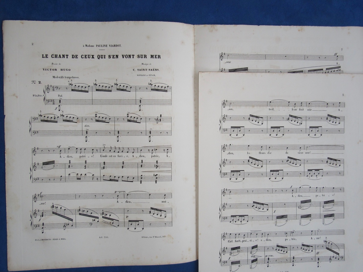 CAF CONC PIANO GF PARTITION XIX CHANT DE CEUX QUI S'EN VONT EN MER VICTOR HUGO CAMILLE SAINT-SAENS 1876 PAULINE VIARDOT - Autres & Non Classés