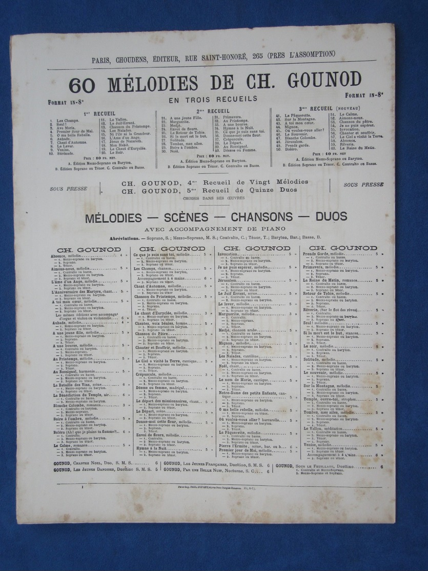 CAF CONC PIANO GF PARTITION XIX CHANT DE CEUX QUI S'EN VONT EN MER VICTOR HUGO CAMILLE SAINT-SAENS 1876 PAULINE VIARDOT - Autres & Non Classés