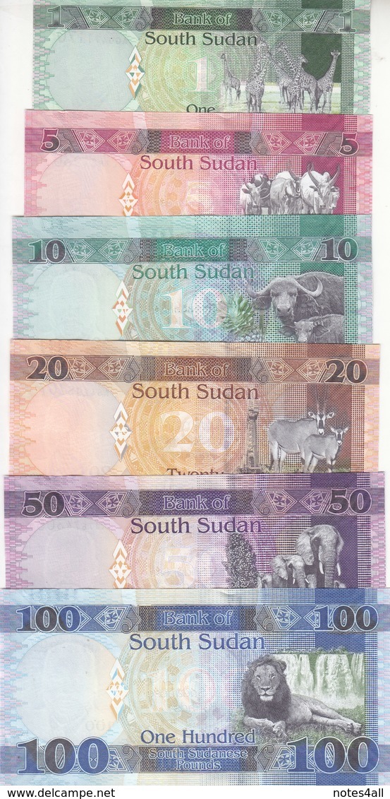 SOUTH SUDAN 1 5 10 20 50 100 POUND 2011 2015 2016 2017 P-NEW UNC CURRENT FULL SET Lot - South Sudan