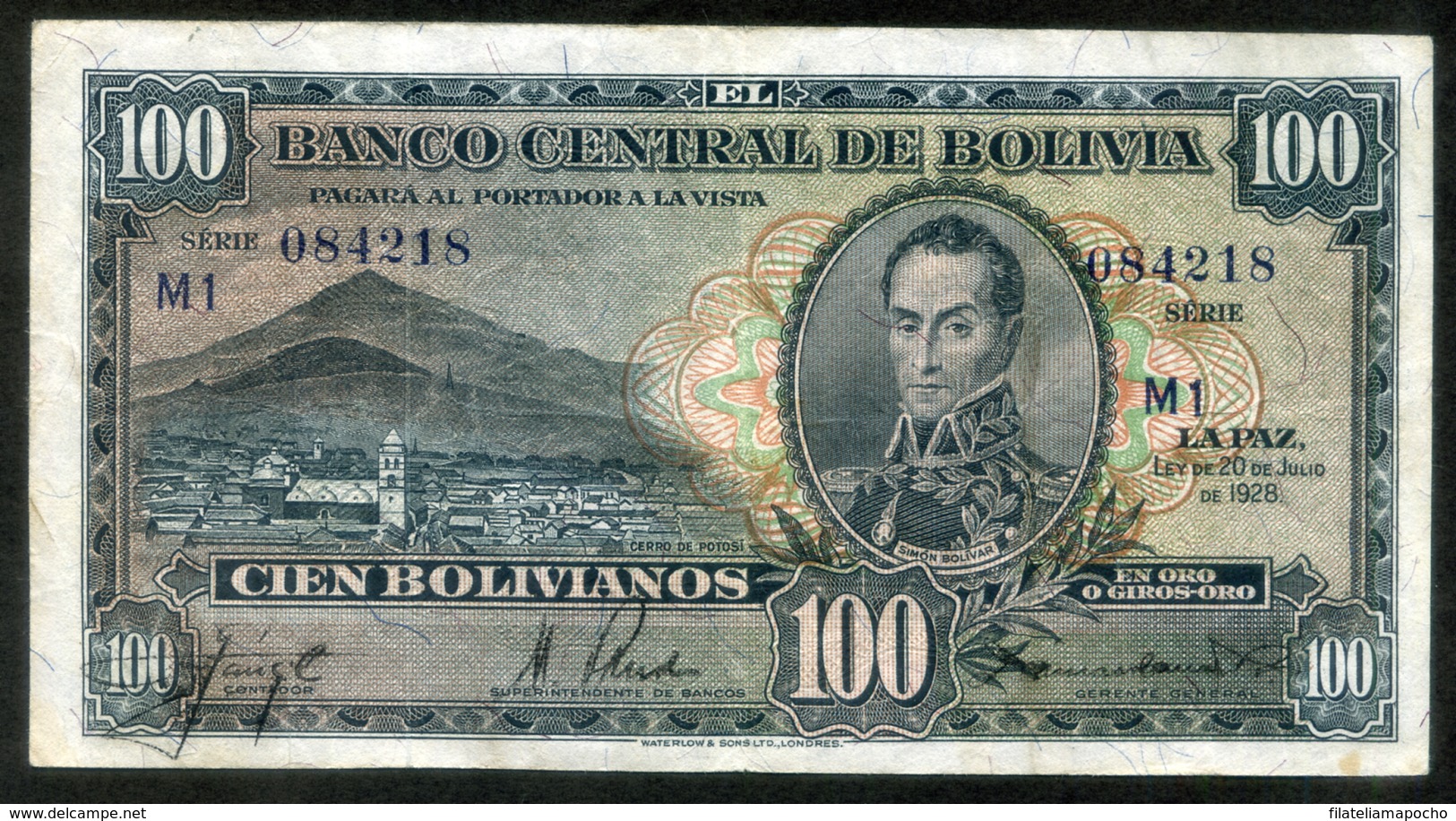 BOLIVIA BILLETES 1928; "100 BOLIVIANOS"; EMISIÓN COMPLEMENTARIA. - Bolivië