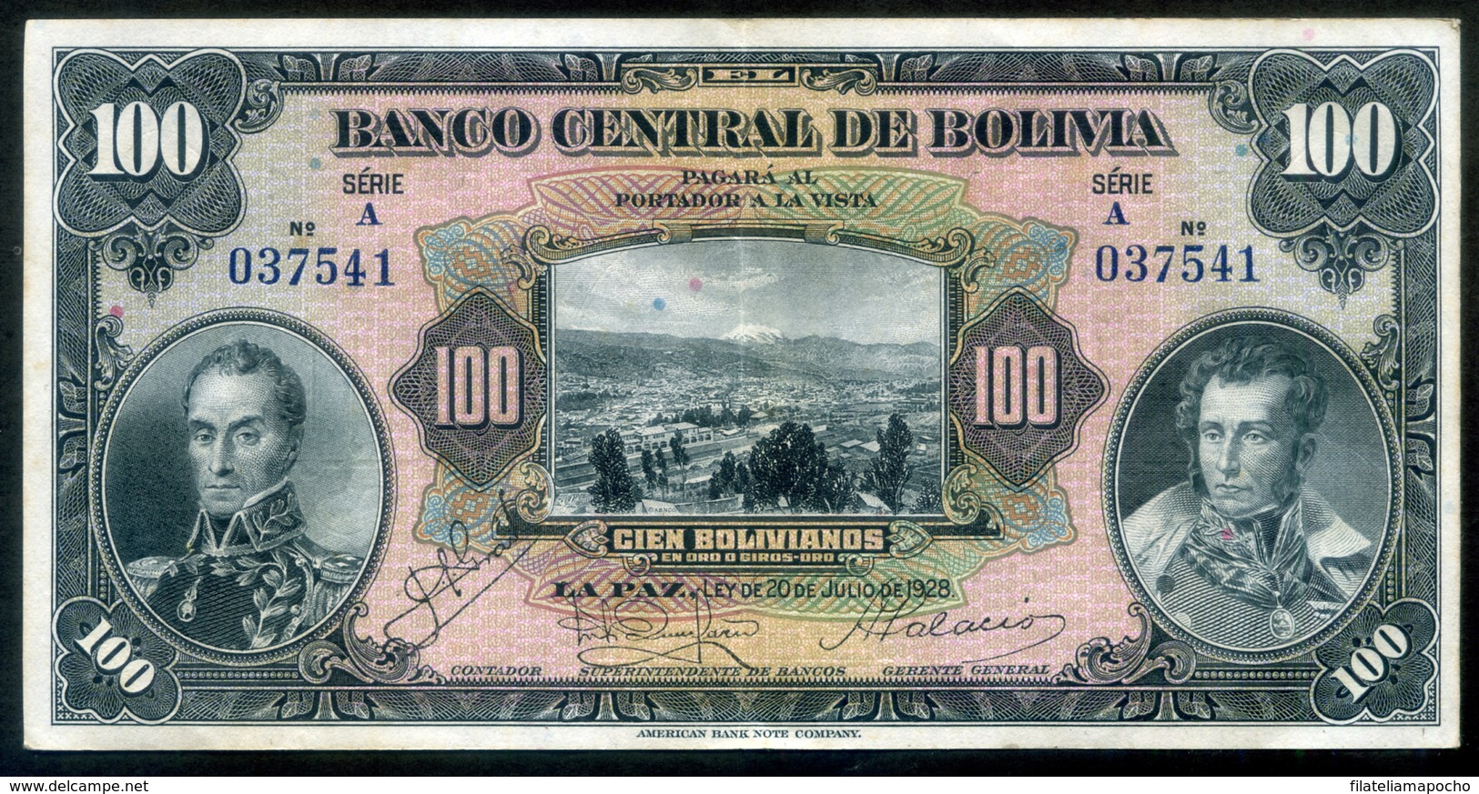 BOLIVIA BILLETES 1928; "100 BOLIVIANOS"; 1ª EMISIÓN DE 1928. - Bolivia