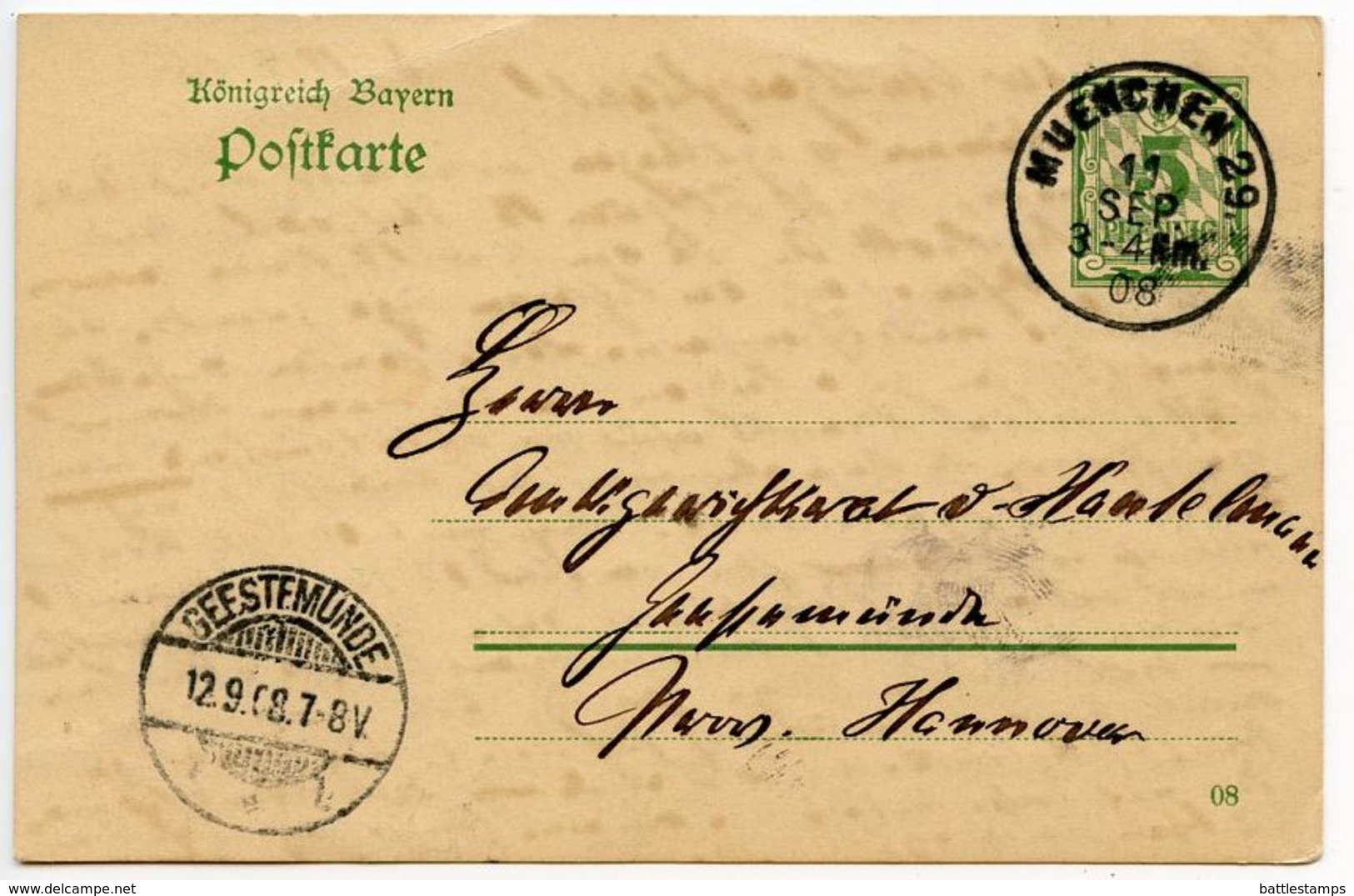 Bavaria 1908 5pf. Postal Card, Muenchen To Geestemünde - Postal  Stationery