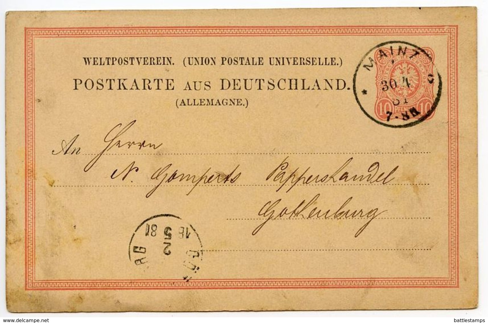 Germany 1881 10pf Postal Card, Mainz To Gothenburg, Sweden - Cartes Postales