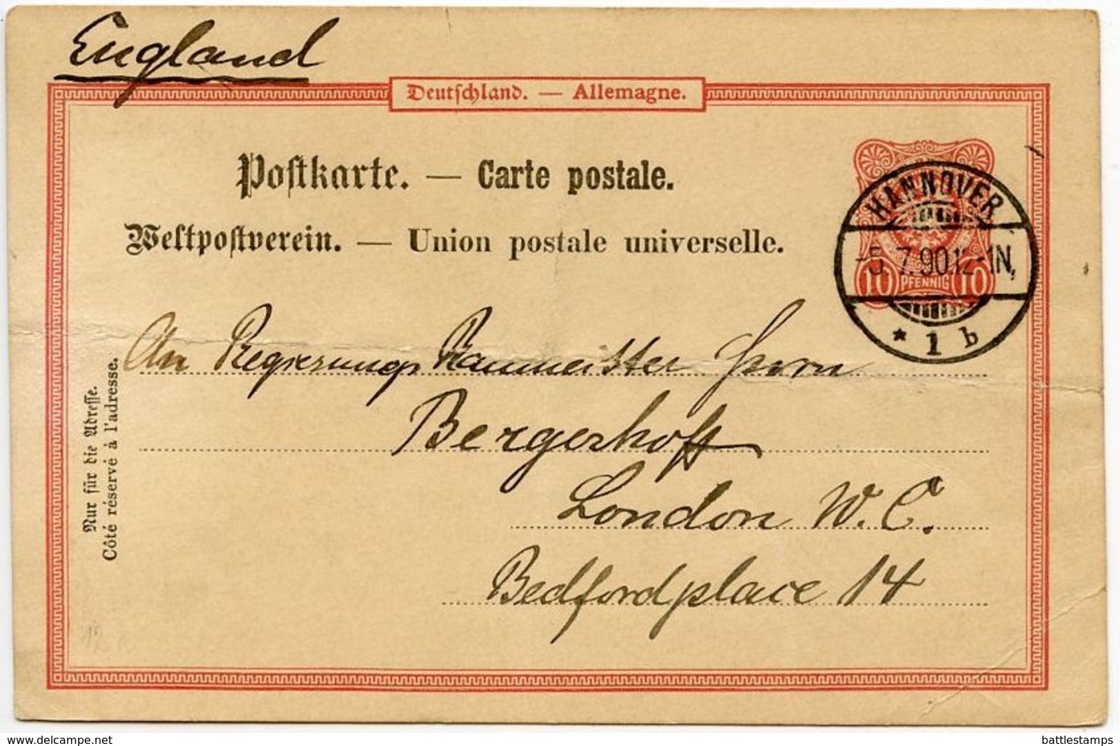 Germany 1890 10pf Postal Card, Hannover To London, England - Briefkaarten