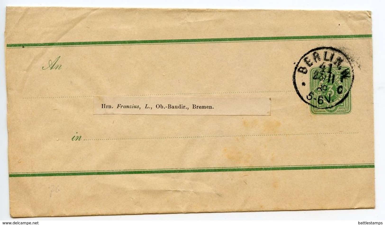 Germany 1889 3pf Wrapper, Berlin To Bremen - Other & Unclassified