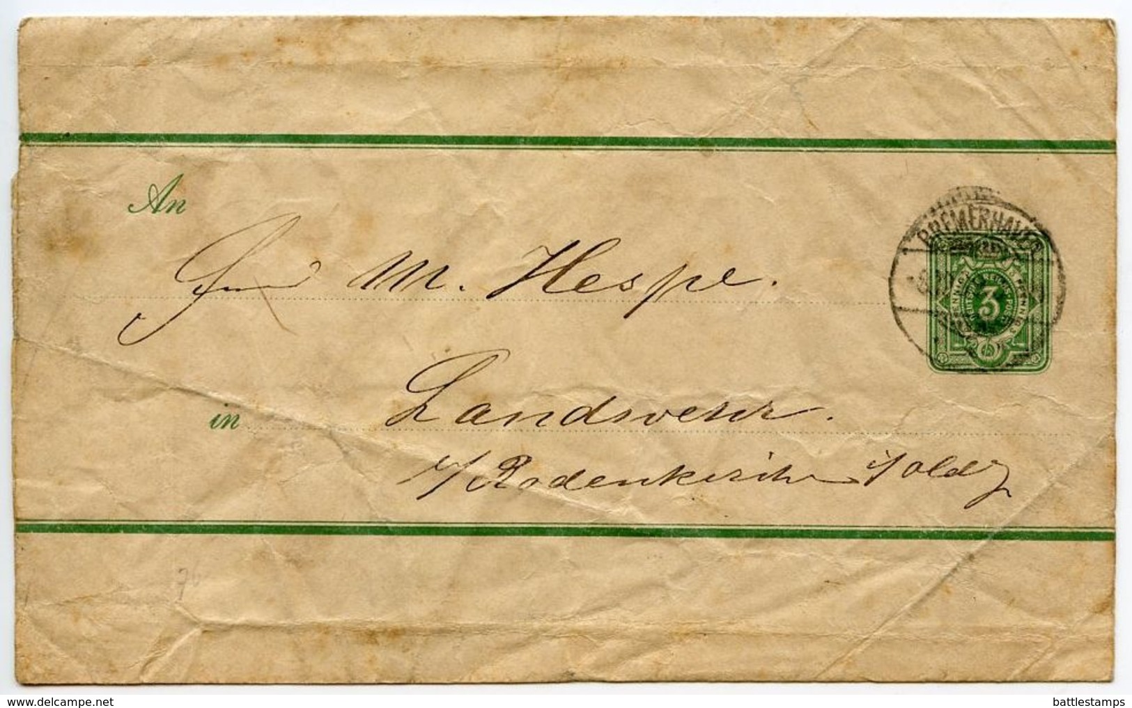 Germany C.1880's 3pf Wrapper, Bremerhaven Postmark - Andere & Zonder Classificatie