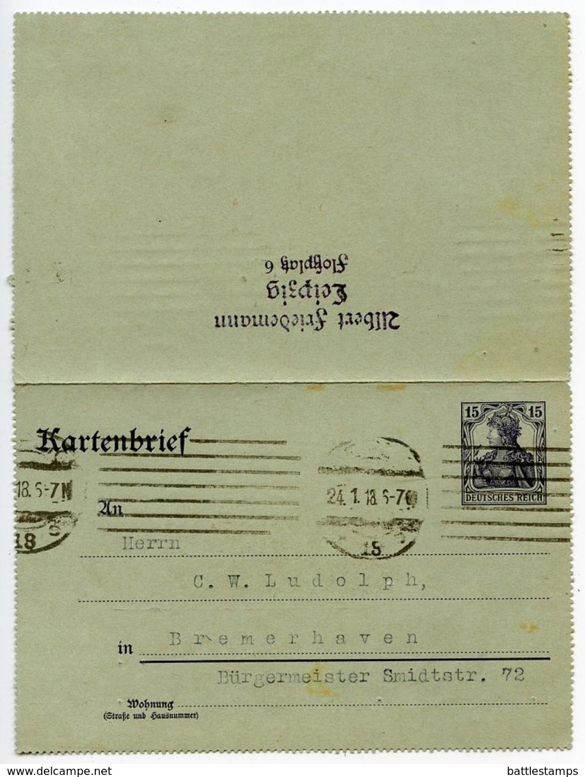 Germany 1918 15pf Letter Card, Leipzig To Bremerhaven - Briefkaarten