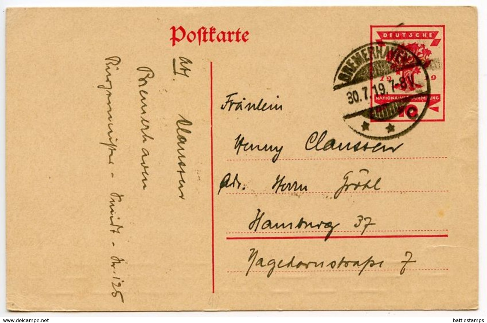 Germany 1919 10pf Republic National Assembly Postal Card, Bremerhaven Postmark - Postkarten