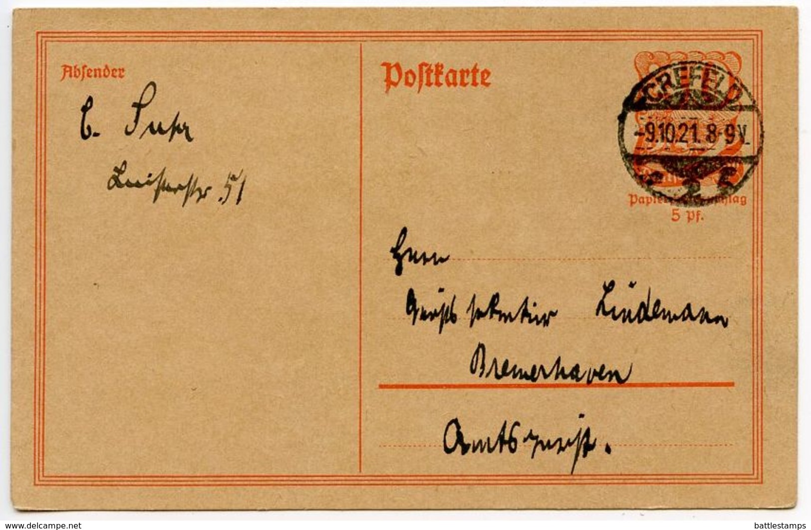 Germany 1921 40pf Postal Card, Crefeld To Bremerhaven - Cartes Postales