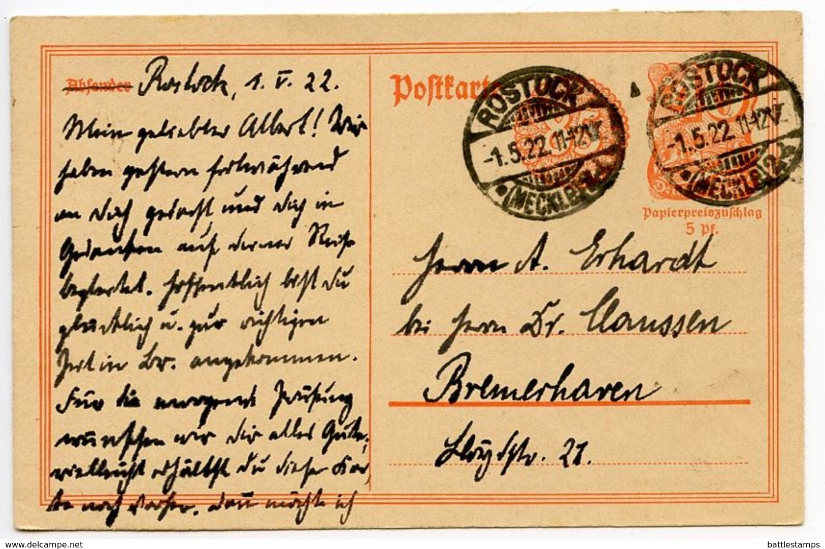 Germany 1922 40pf & 85pf Postal Card, Rostock To Bremerhaven - Autres & Non Classés