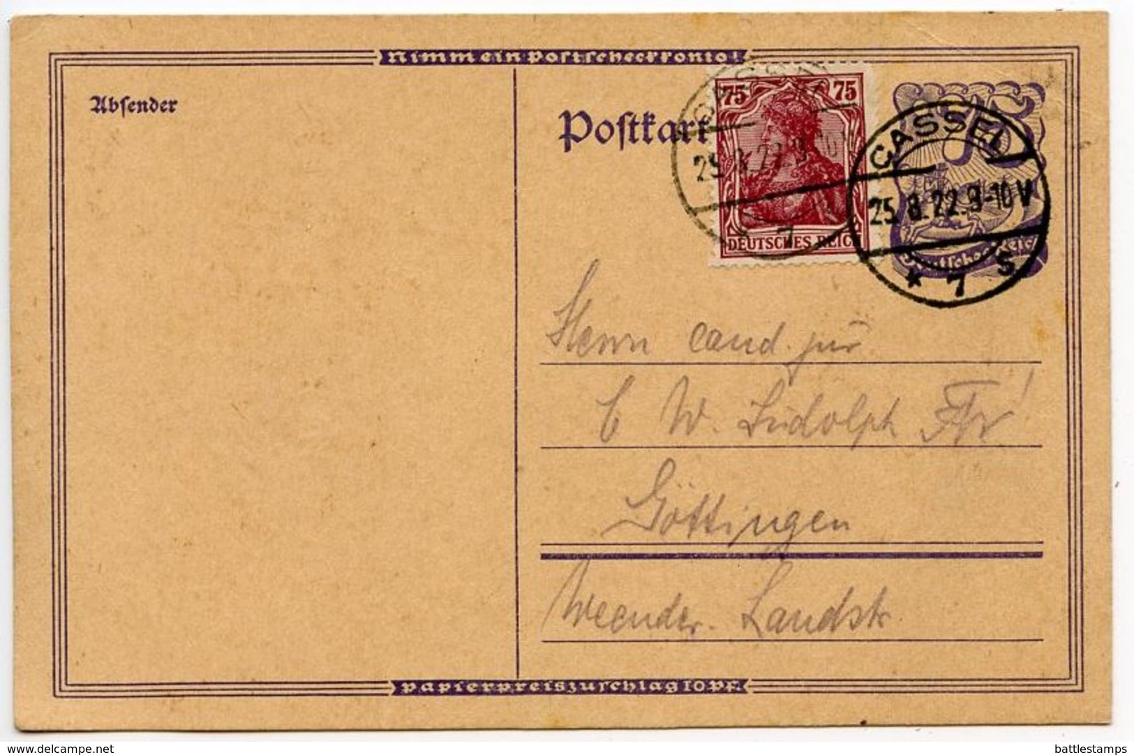 Germany 1922 Uprated Postal Card, Cassel To Göttingen - Briefkaarten