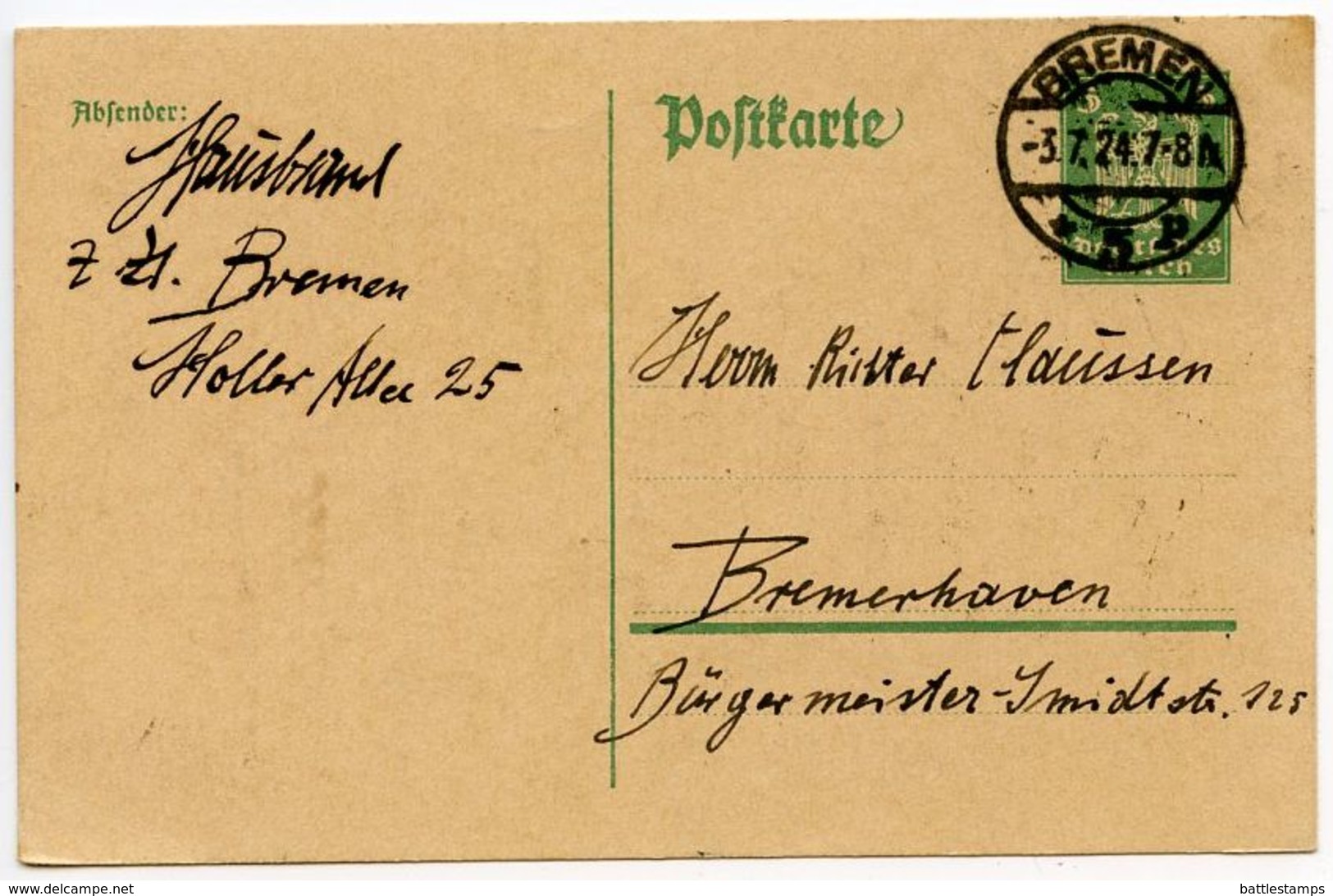 Germany 1924 5pf Eagle Postal Card, Bremen Postmark - Postcards