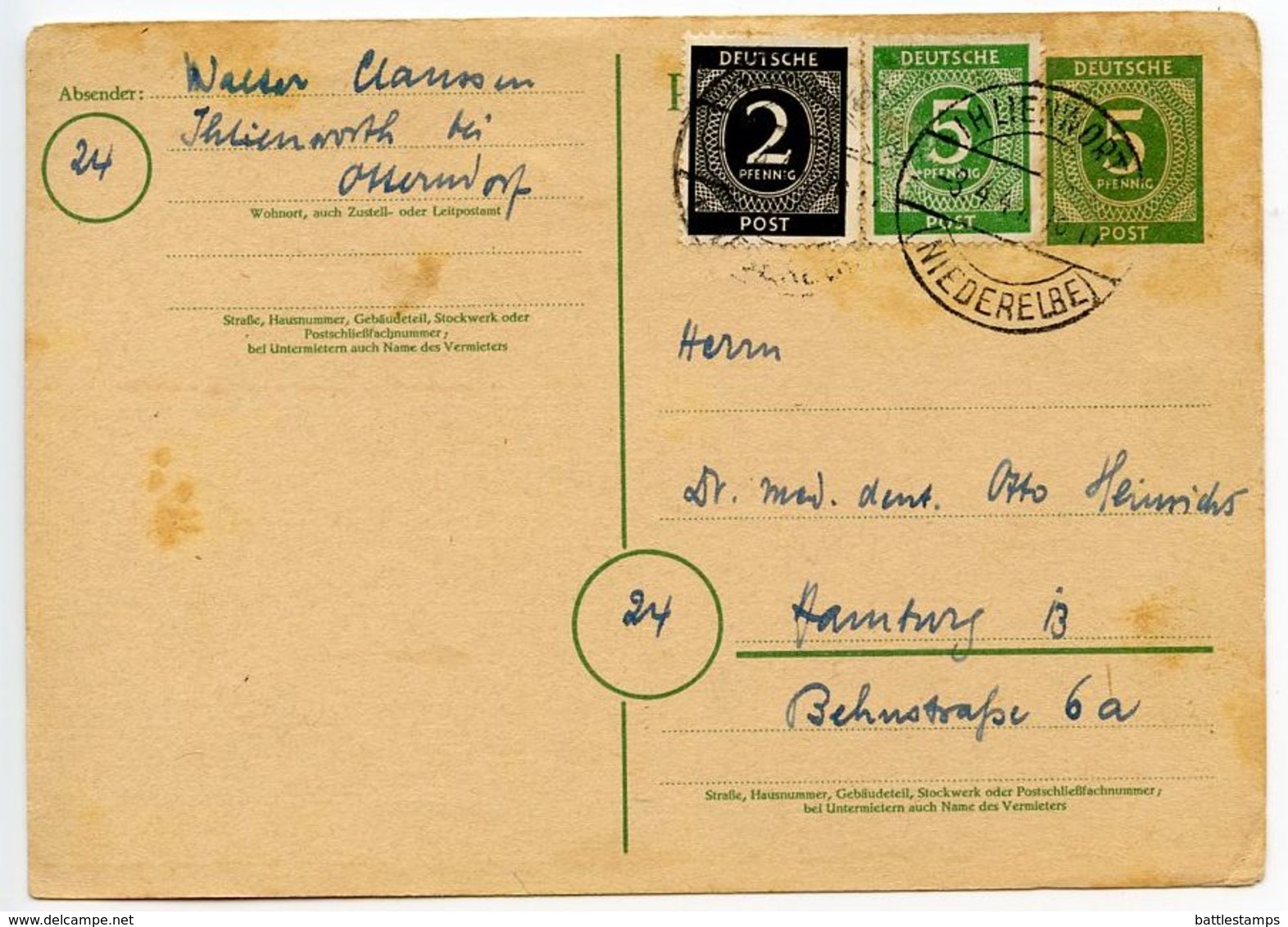 Germany 1947 Uprated Postal Card, Ihlienworth To Hamburg - Interi Postali