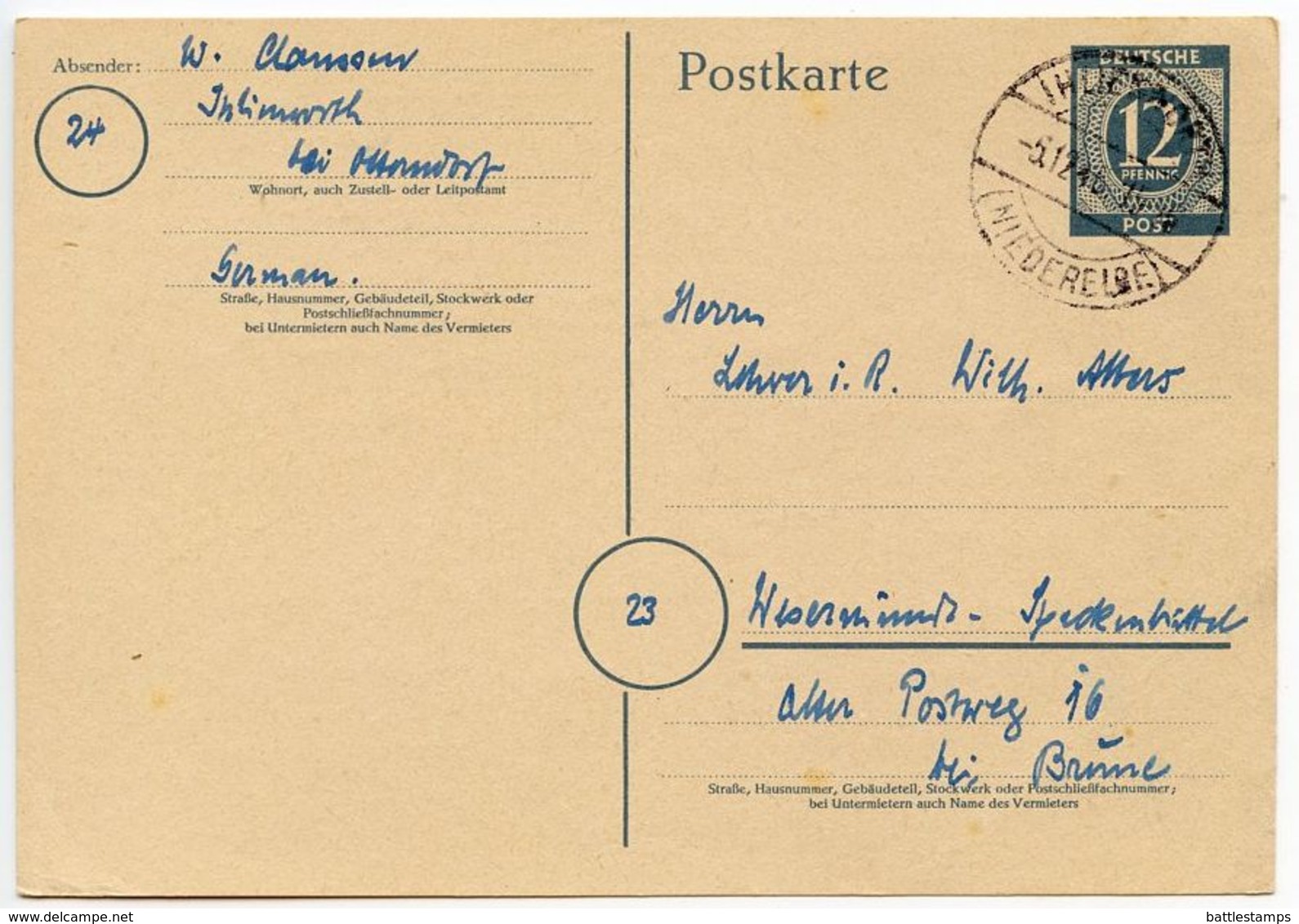 Germany 1946 12pf Postal Card, Ihlienworth To Wesermünde - Interi Postali