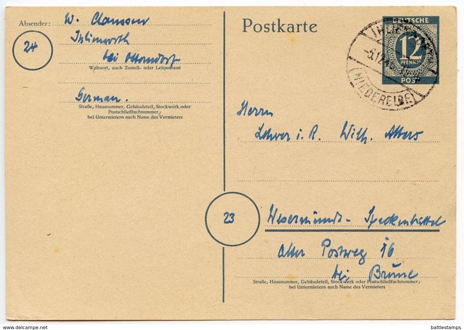 Germany 1946 12pf Postal Card, Ihlienworth To Wesermünde - Postal  Stationery