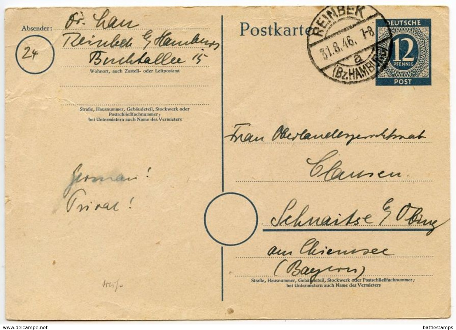 Germany 1946 12pf Postal Card, Reinbek To Schnaitsee - Other & Unclassified