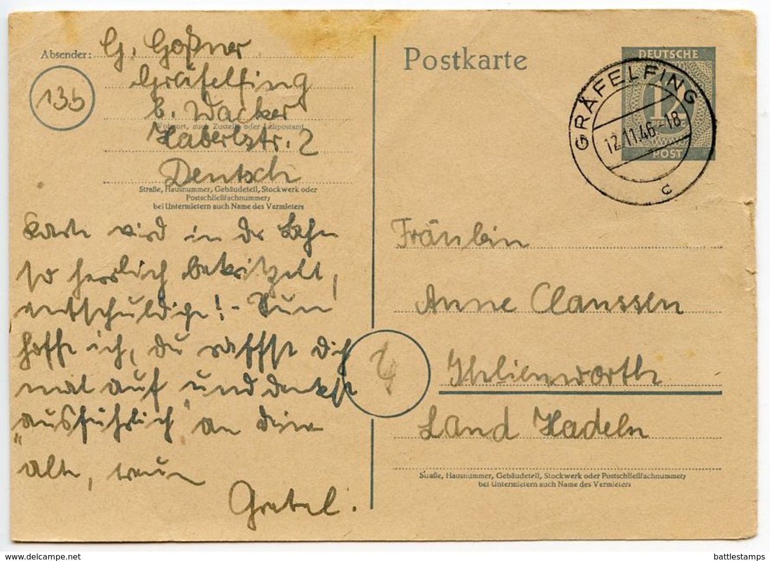 Germany 1946 12pf Postal Card, Gräfelfing To Ihlienworth - Interi Postali