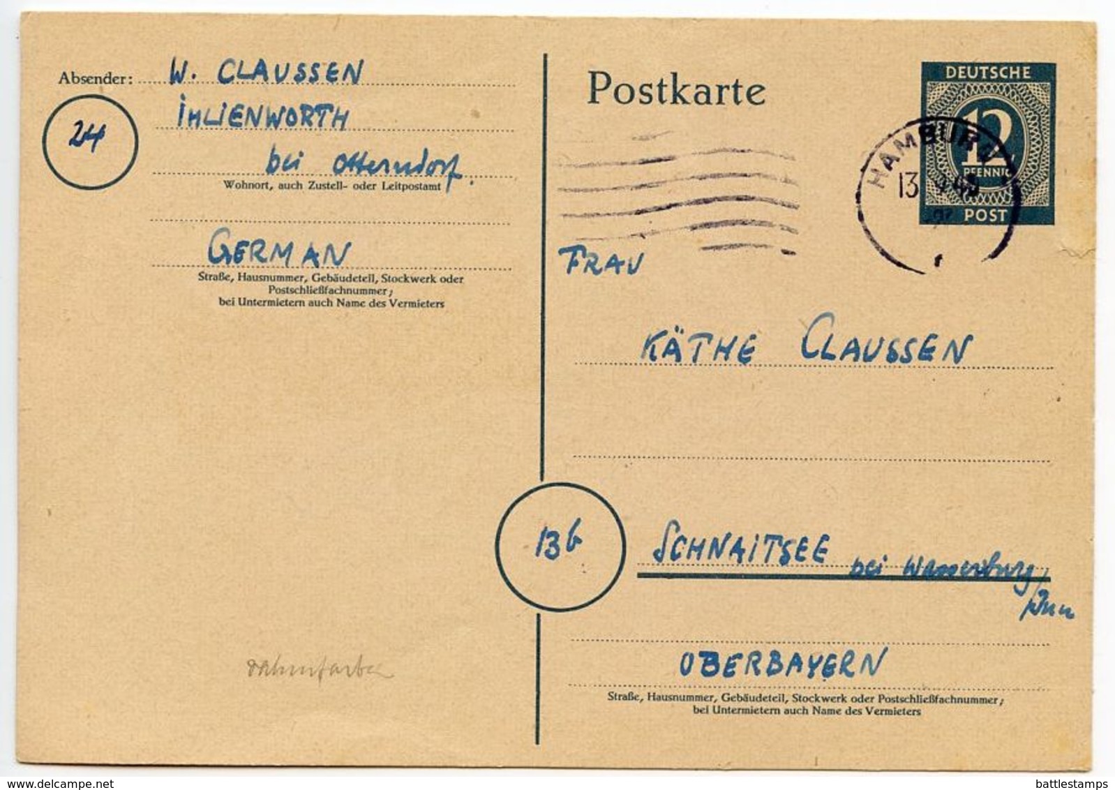 Germany 1946 12pf Postal Card, Hamburg To Schnaitsee - Ganzsachen