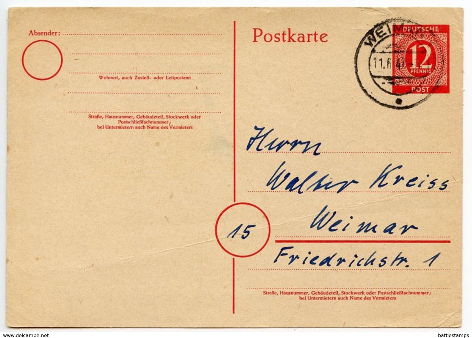 Germany 1947 12pf Postal Card, Weimar Postmark - Postal  Stationery