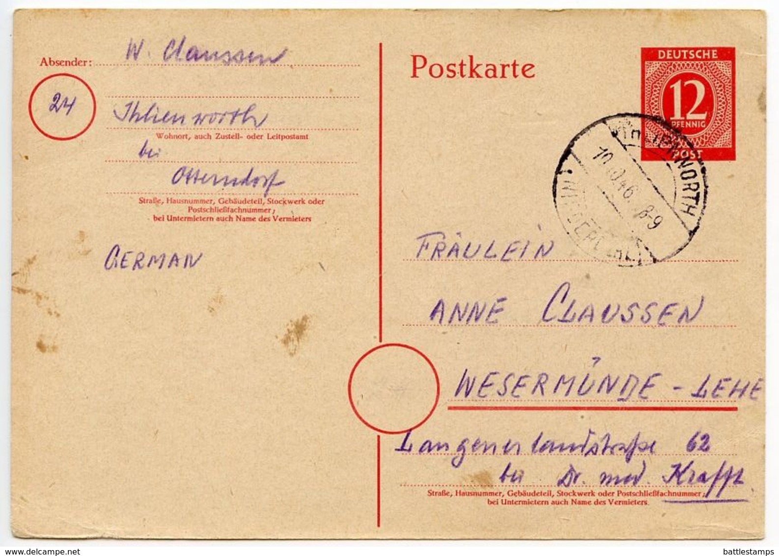 Germany 1946 12pf Postal Card, Ihlienworth To Wesermünde - Postwaardestukken