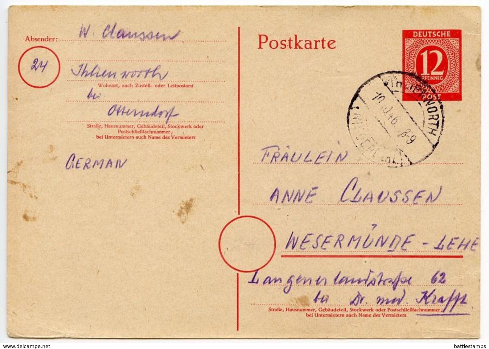 Germany 1946 12pf Postal Card, Ihlienworth To Wesermünde - Entiers Postaux