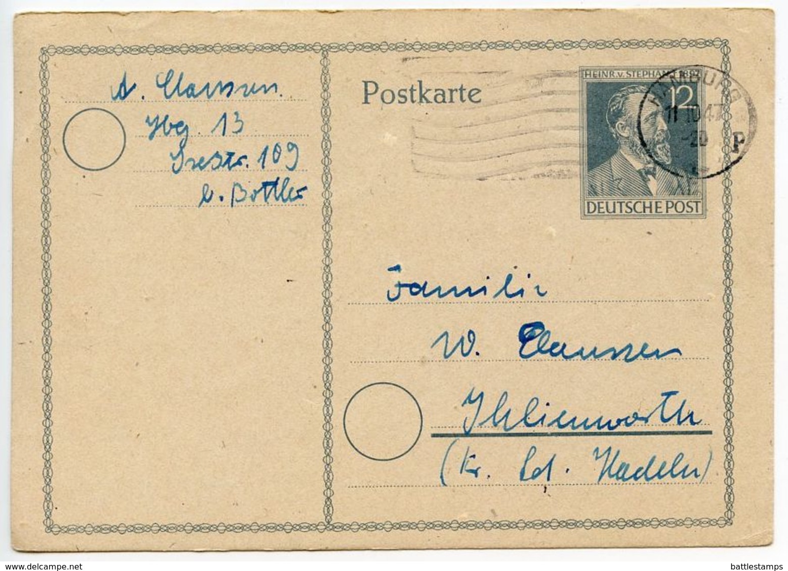 Germany 1947 12pf Stephan Postal Card, Hamburg To Ihlienworth - Entiers Postaux