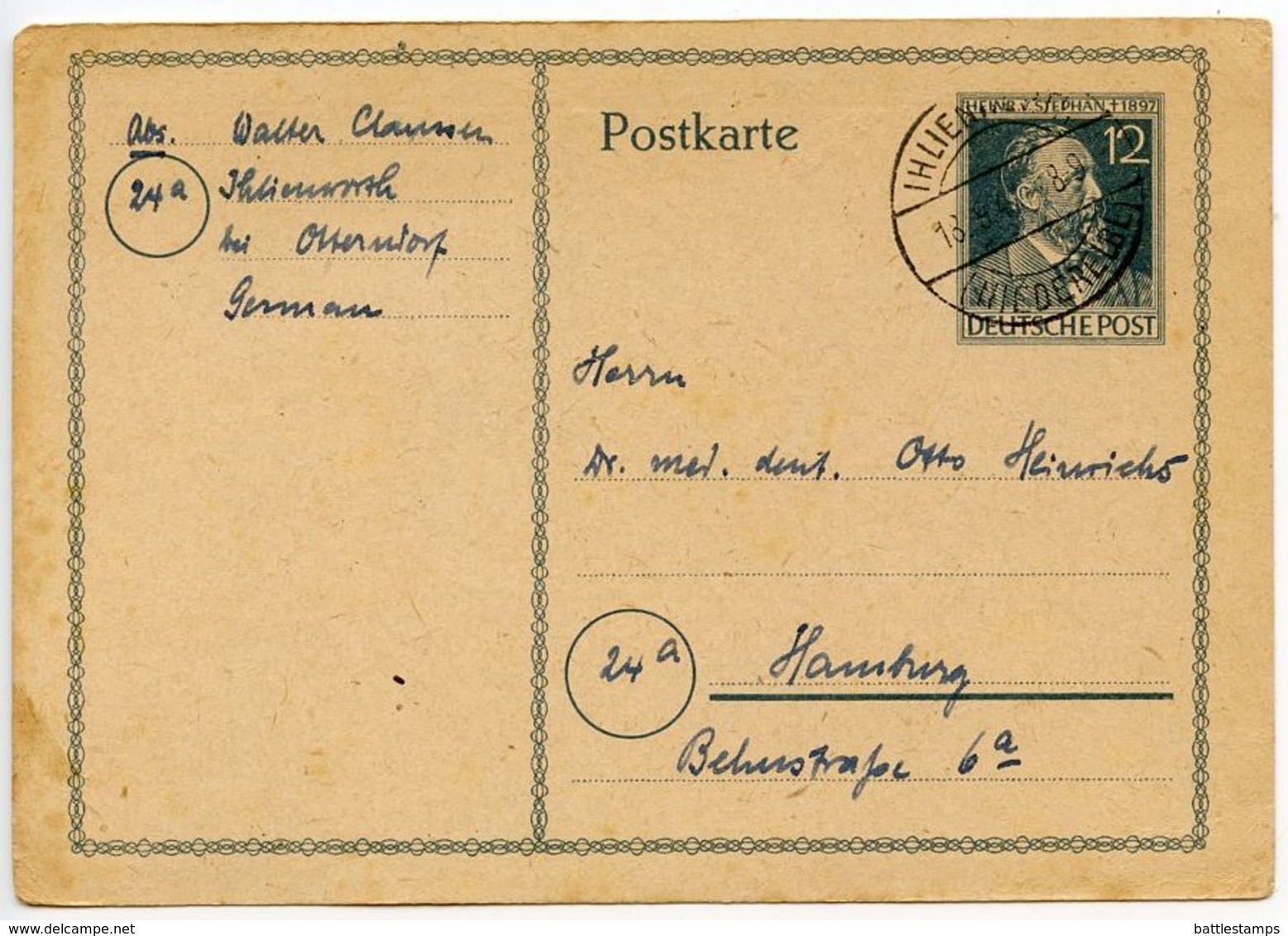 Germany 1947 12pf Stephan Postal Card, Ihlienworth To Hamburg - Autres & Non Classés