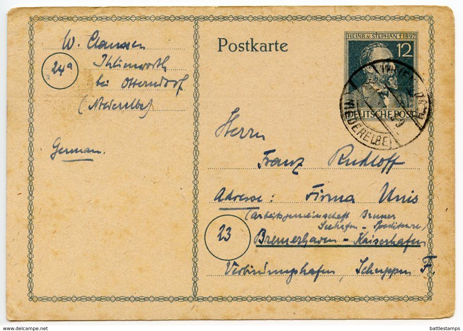 Germany 1947 12pf Stephan Postal Card, Ihlienworth To Bremerhaven - Postal  Stationery