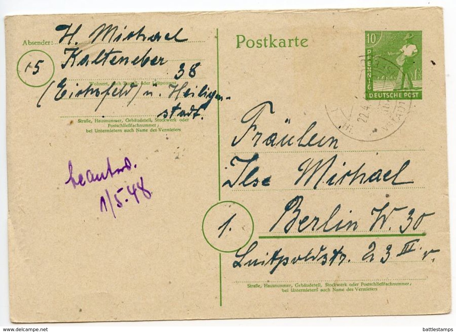 Germany 1948 10pf. Sower Postal Card, Heiligenstadt To Berlin - Postkaarten - Gebruikt