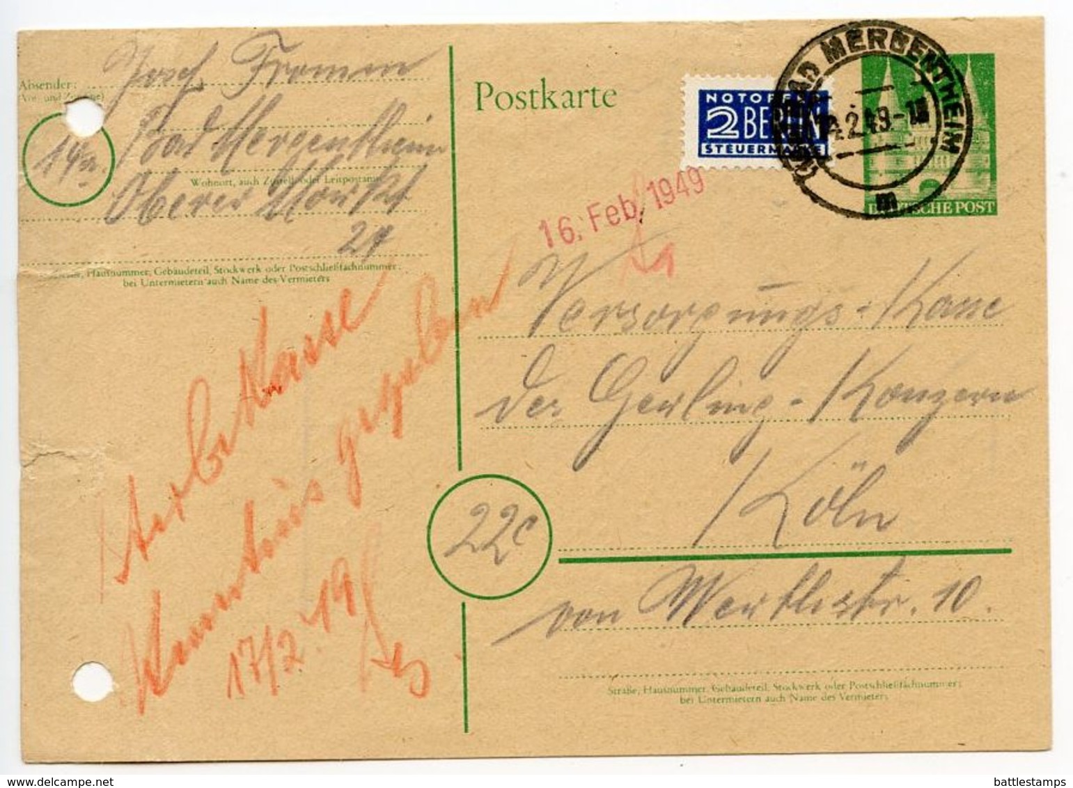 Germany 1949 10pf. Postal Card W/ Postal Tax Stamp, Bad Mergentheim Postmark - Postcards - Used