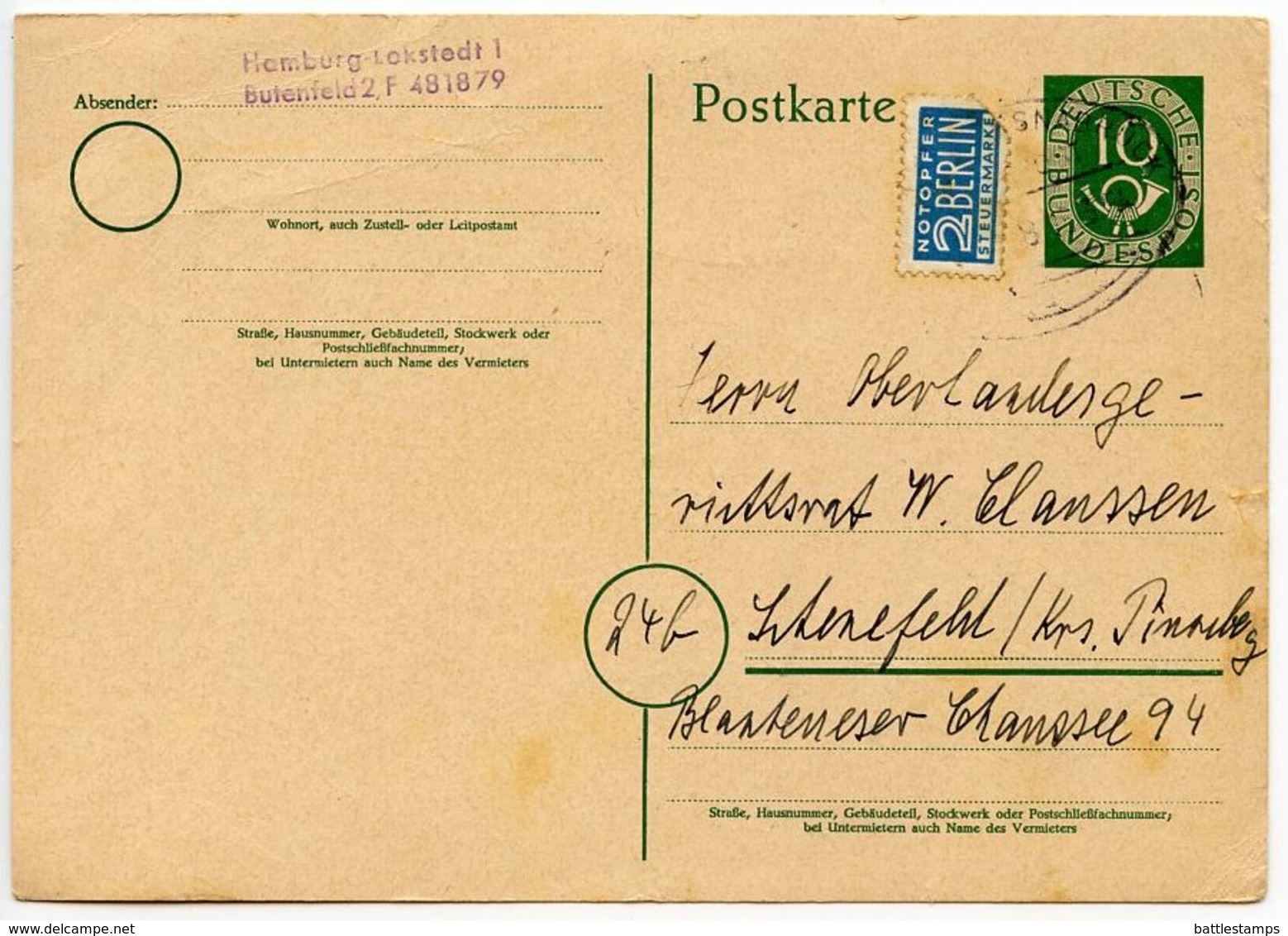 Germany, West 1954 10pf Posthorn Postal Card W/ Postal Tax Stamp - Postcards - Used