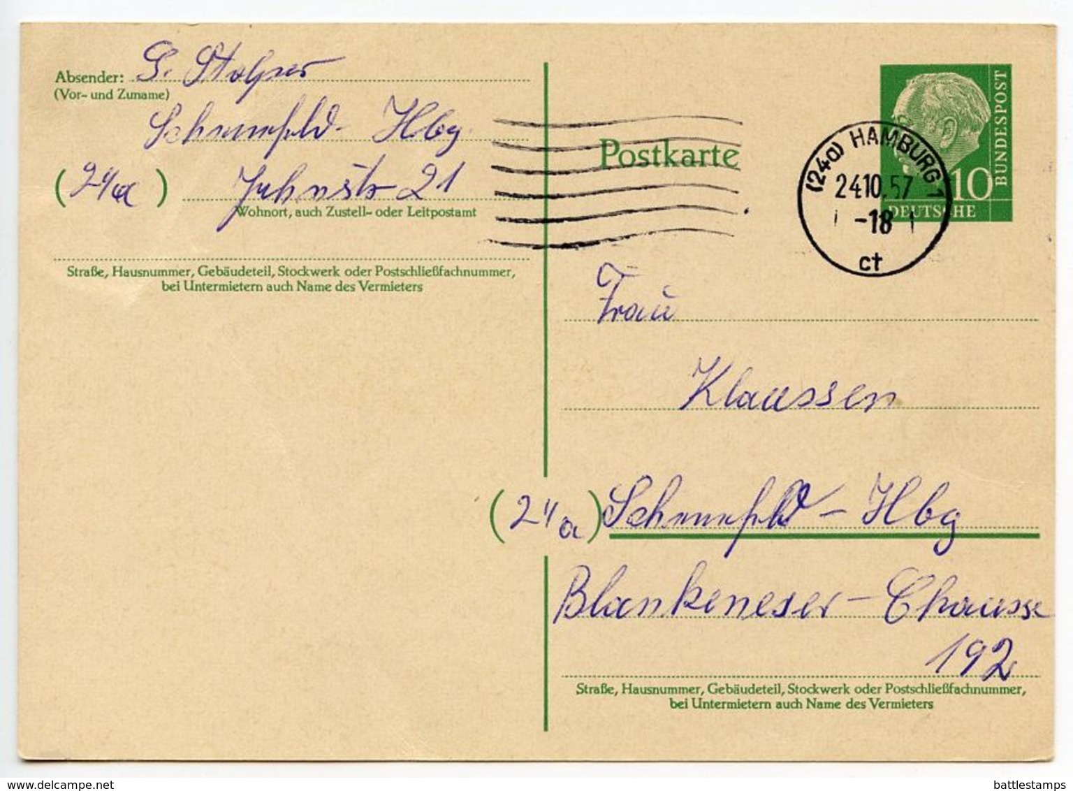 Germany, West 1957 10pf Heuss Postal Card Hamburg Postmark - Postcards - Used