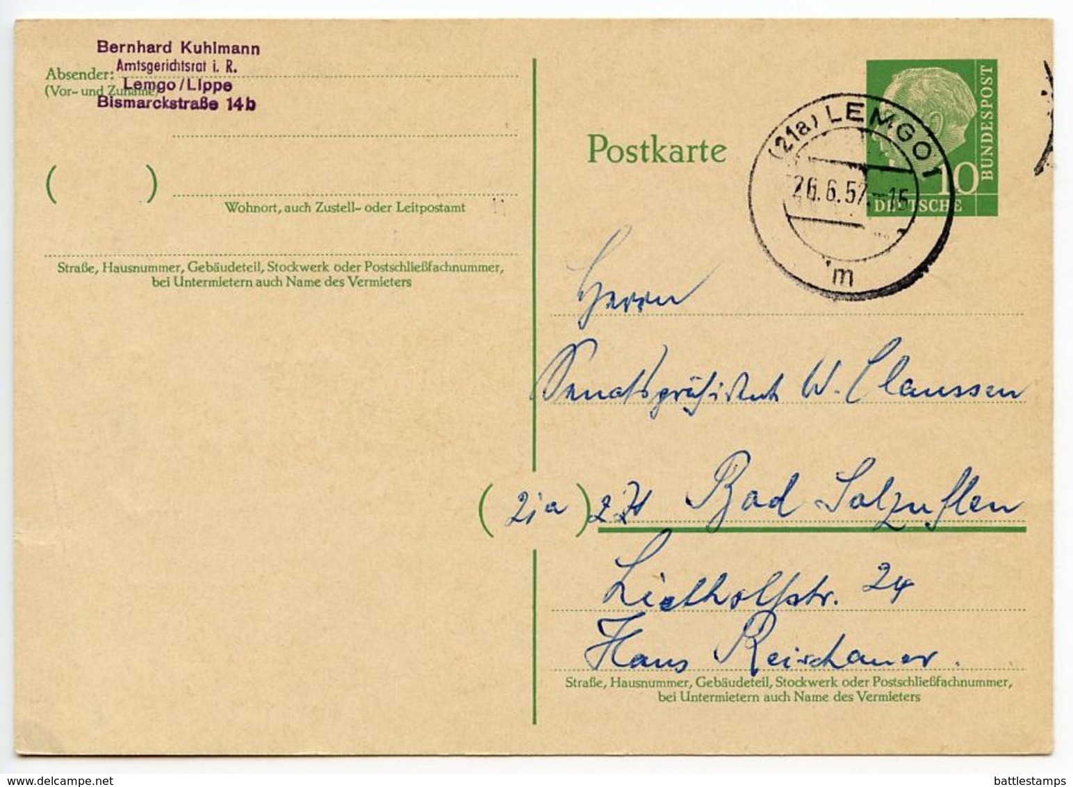 Germany, West 1957 10pf Huess Postal Card, Lemgo To Bad Salzuflen - Postcards - Used