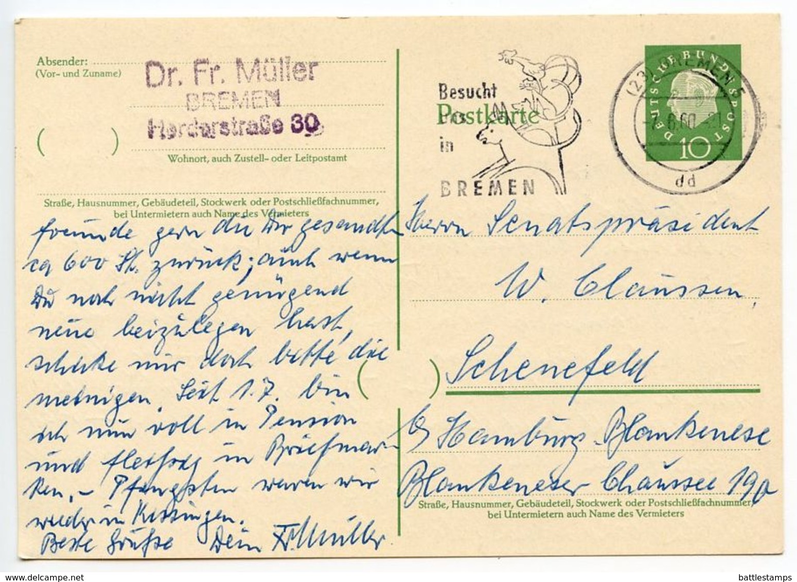 Germany, West 1960 10pf Huess Postal Card Bremen Slogan Postmark - Postcards - Used