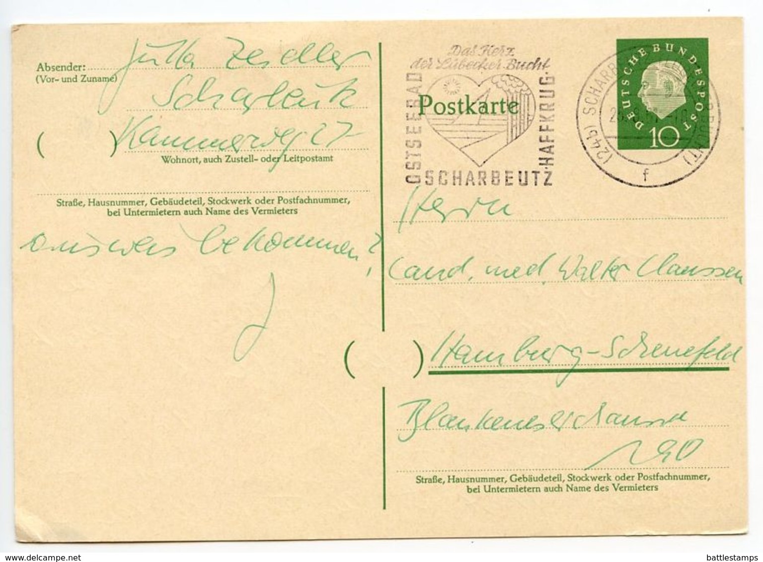 Germany, West 1961 10pf Huess Postal Card Scharbeutz Slogan Postmark - Postcards - Used