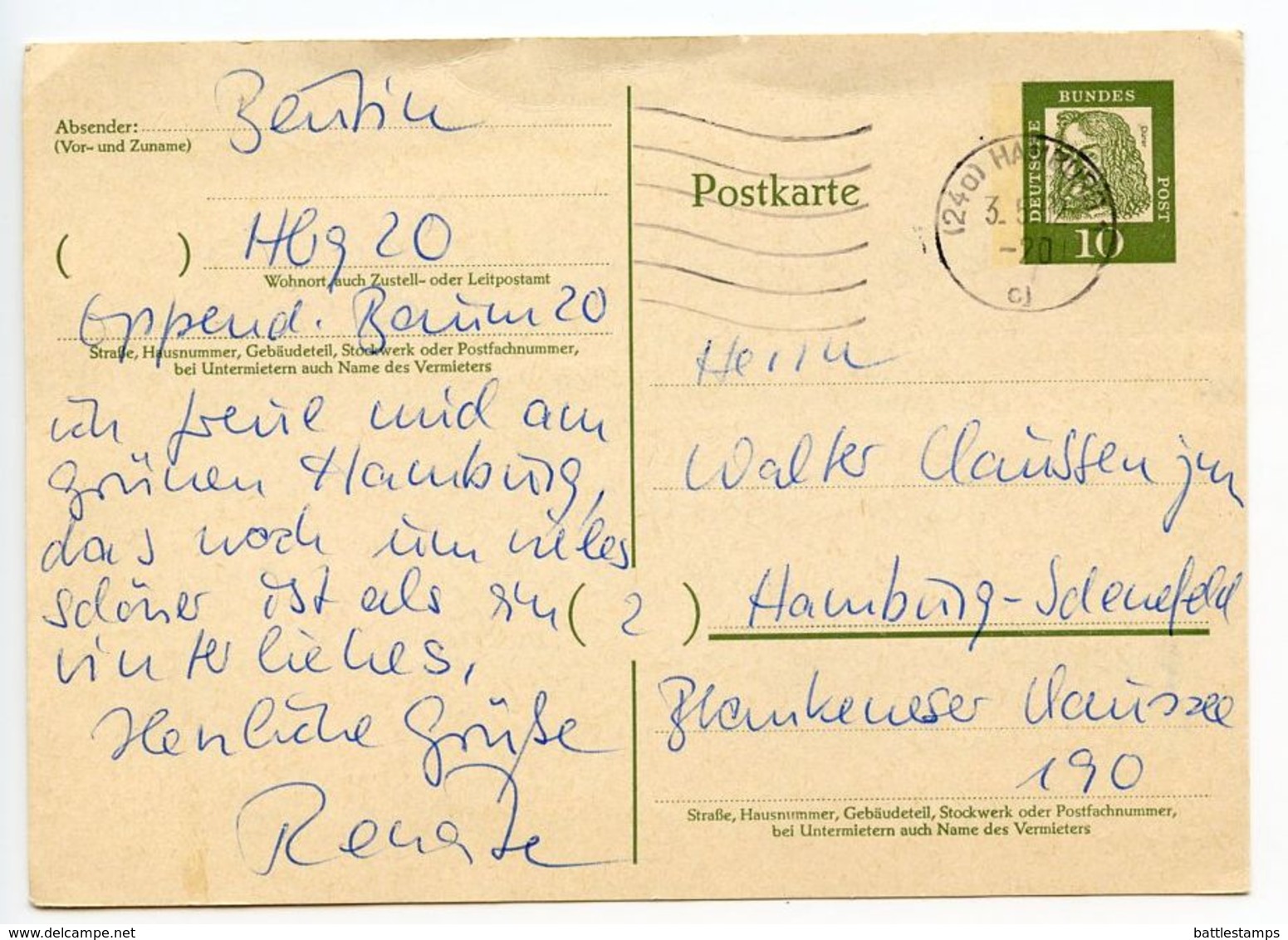 Germany, West 1962 10pf Dürer Postal Card Hamburg Postmark - Postcards - Used