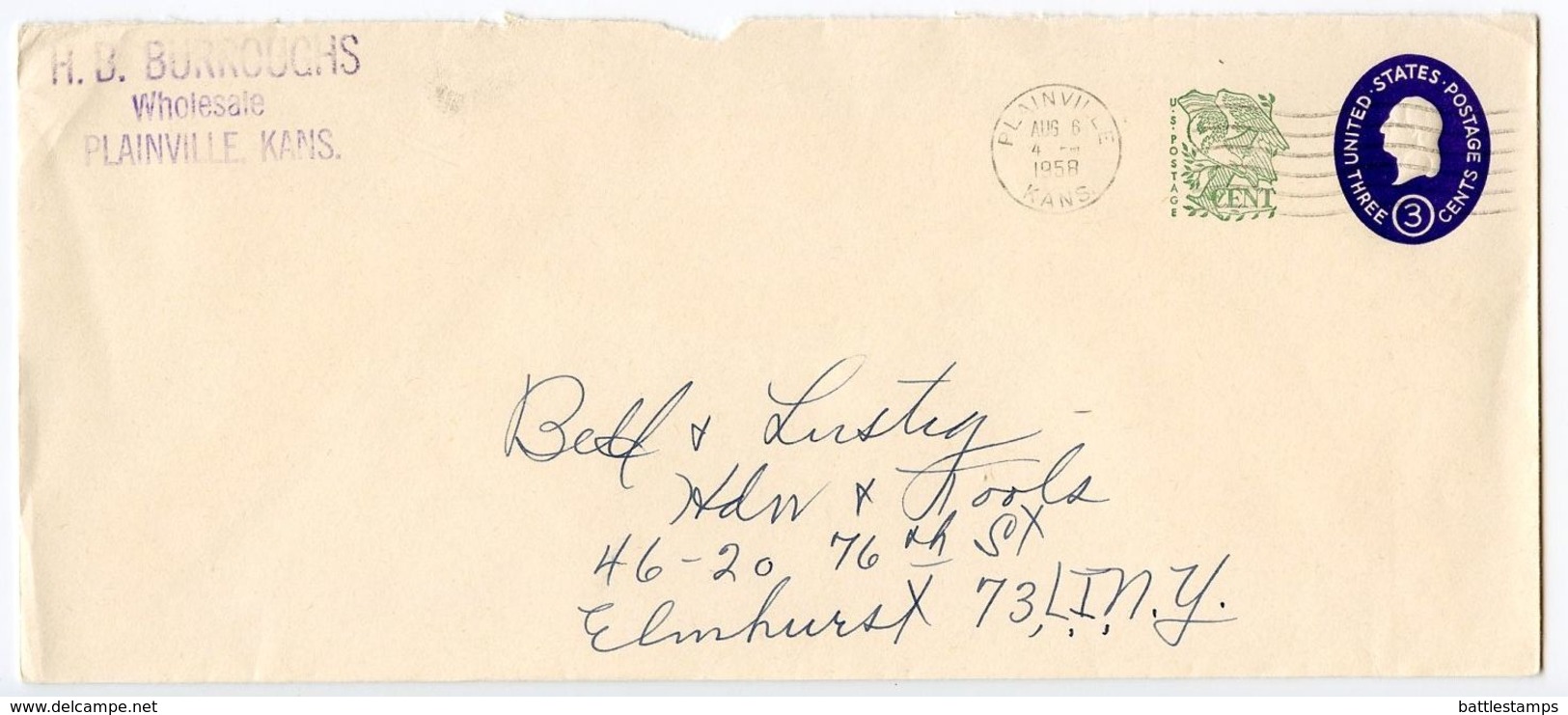 United States 1958 Scott 540 Postal Envelope, Plainville Kansas Postmark - 1941-60