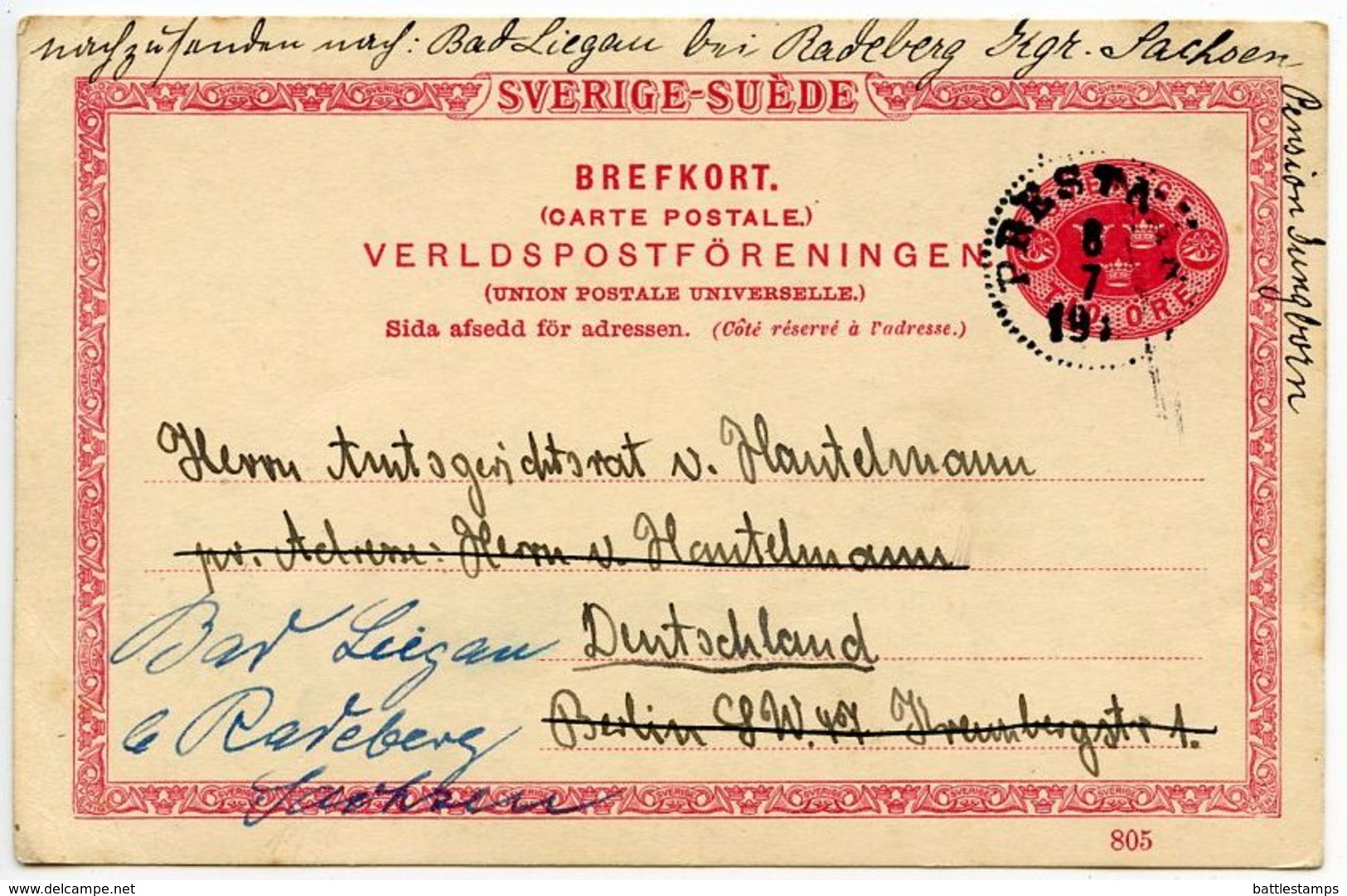 Sweden 1910's 10o. Crowns Postal Card Mailed To Germany - Postal Stationery