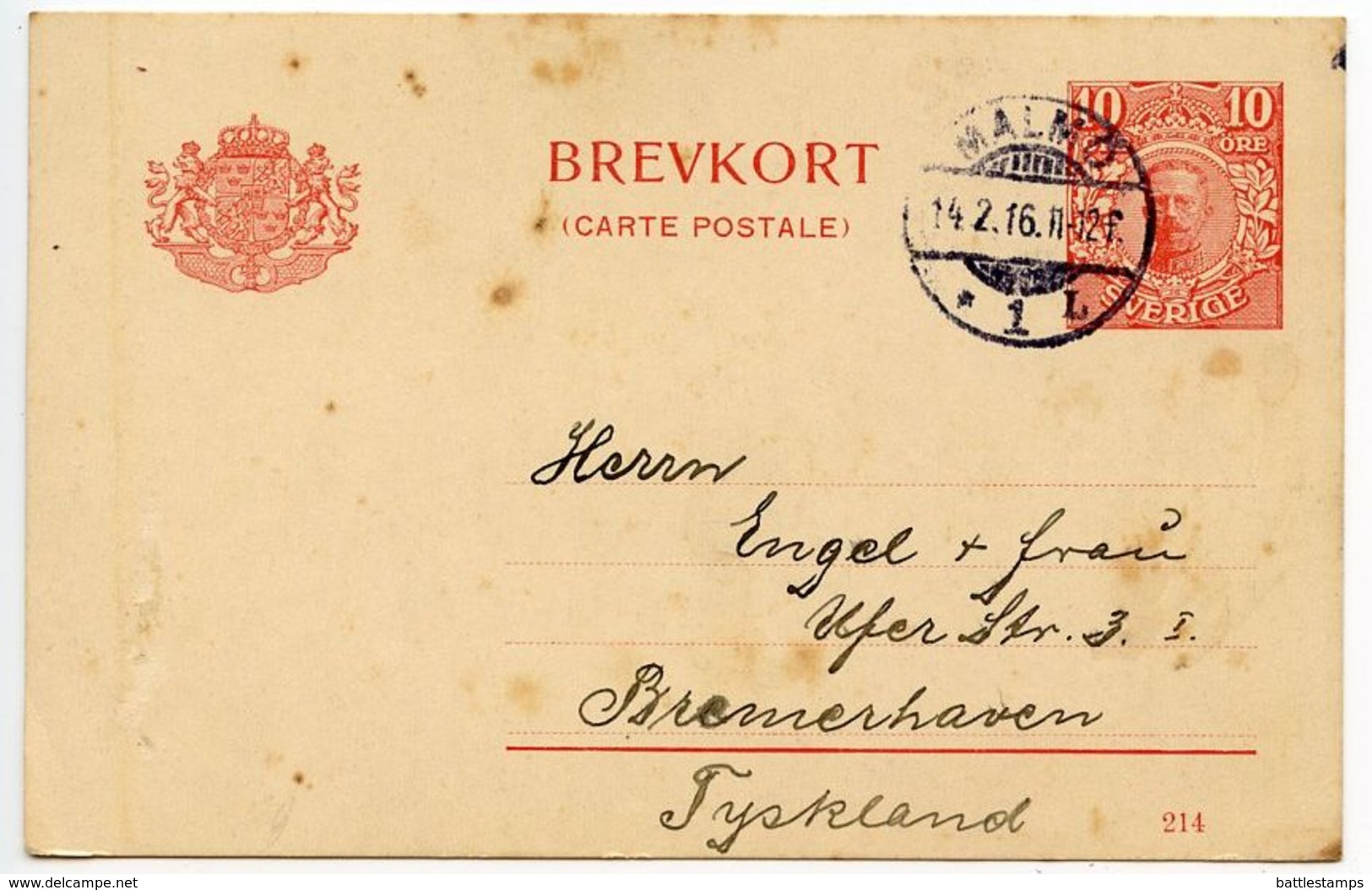 Sweden 1916 10o. Gustaf V Postal Card Malmö To Bremerhaven, Germany - Postal Stationery