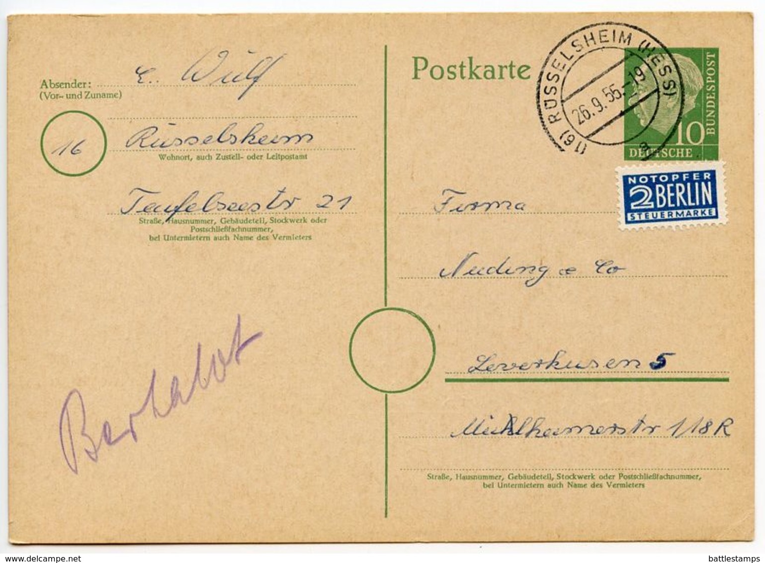 Germany, West 1955 10pf. Postal Card W/ Notopfer, Russelsheim To Leverkusen - Postcards - Used