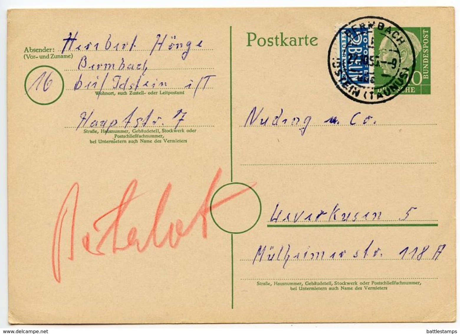 Germany, West 1955 10pf. Postal Card W/ Notopfer, Bermbach To Leverkusen - Postcards - Used