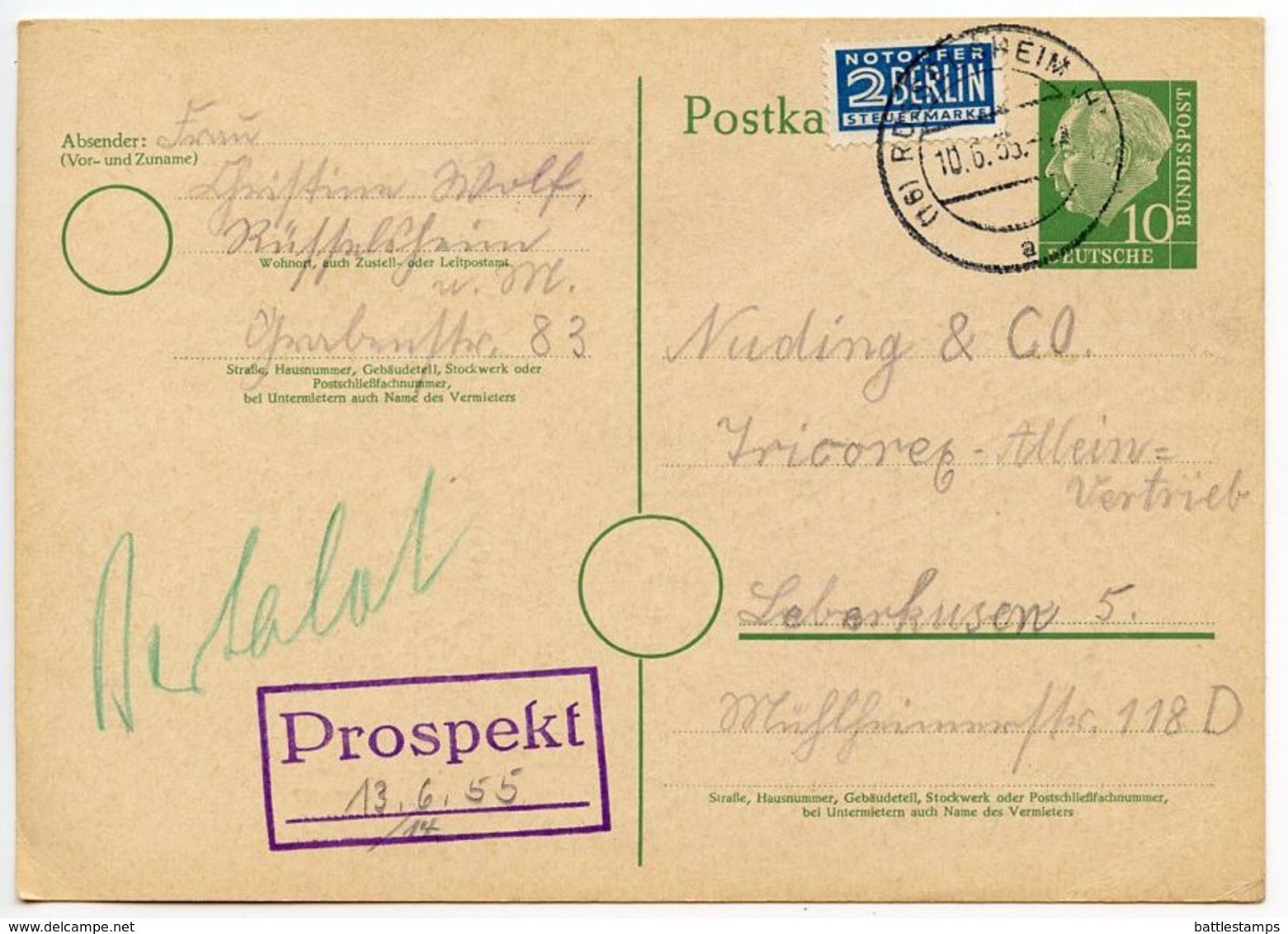 Germany, West 1955 10pf. Postal Card W/ Notopfer, Russelsheim To Leverkusen - Postcards - Used