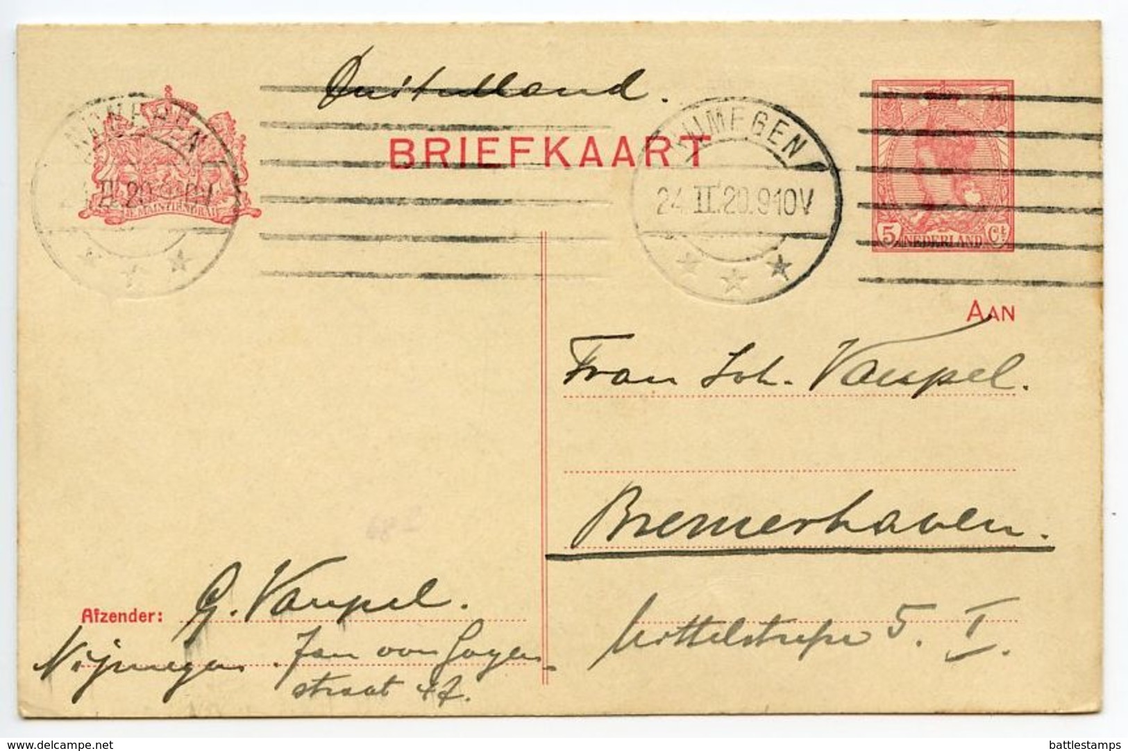 Netherlands 1920 5c. Wilhelmina Postal Card Nijmegen Machine Cancel - Postwaardestukken