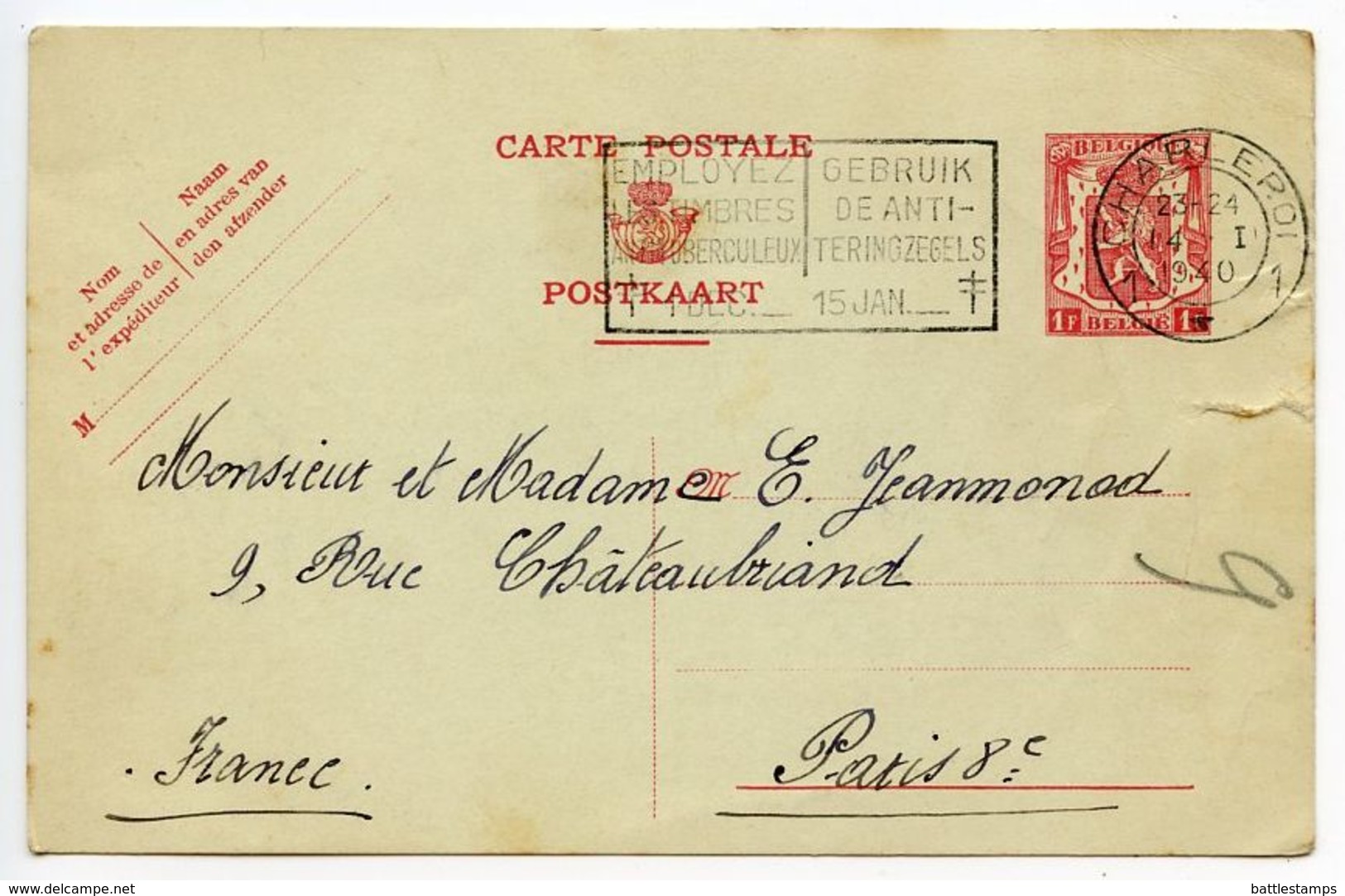 Belgium 1940 1fr. Coat Of Arms Postal Card Charleori Anti-TB Slogan Cancel - Postcards 1934-1951